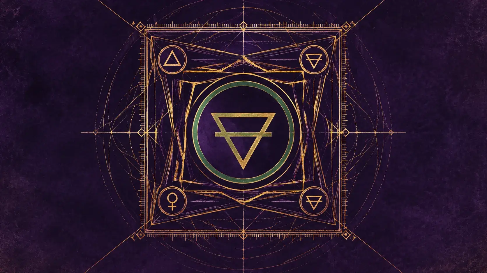 Abstract alchemical symbols in gold line-work on deep purple, arranged in nested squares