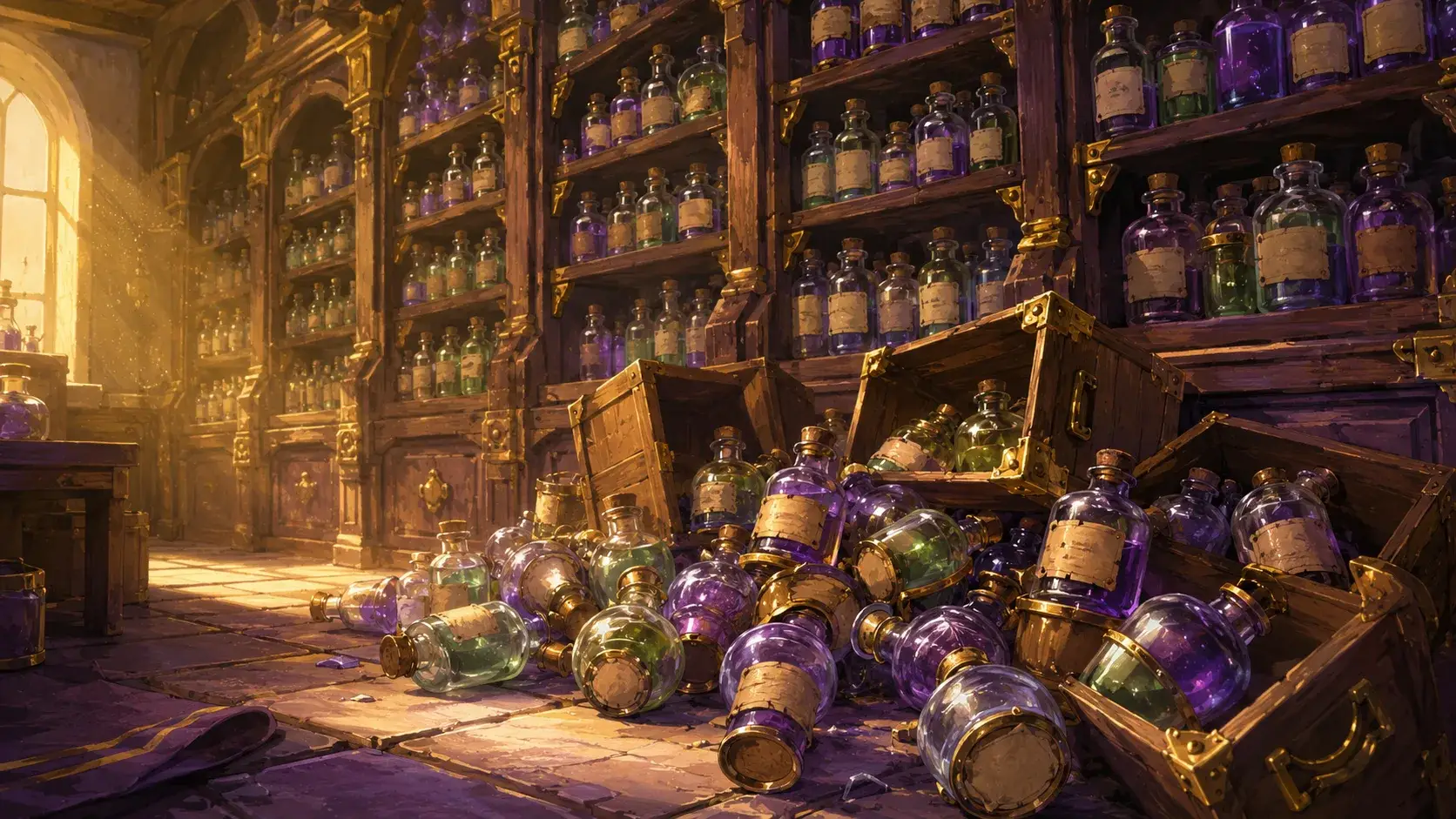 A heap of unsorted bottles and crates at the foot of a tall potion shop shelf