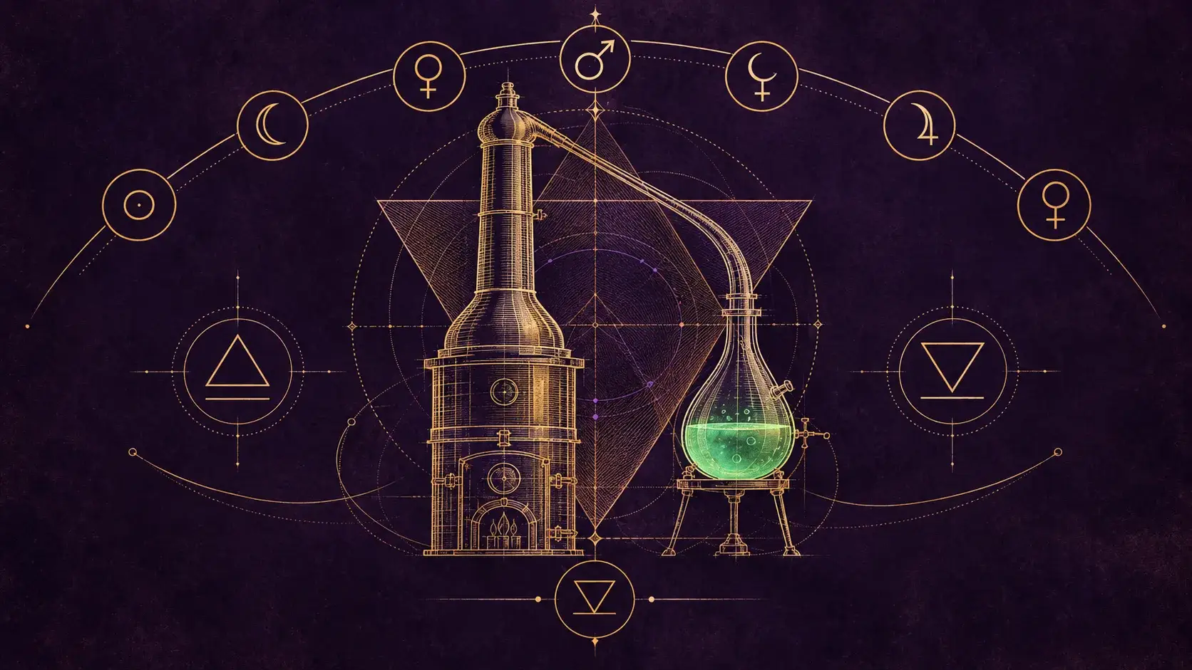 Planche d'alchimie dorée : un alambic, une cornue et les glyphes des métaux planétaires sur violet profond