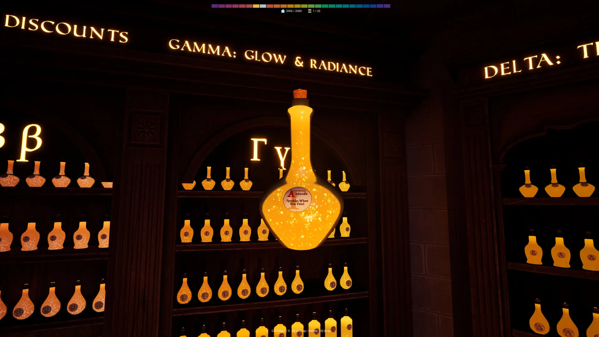 Gamma: Glow & Radiance — a shelf finished, lit by its own bottles