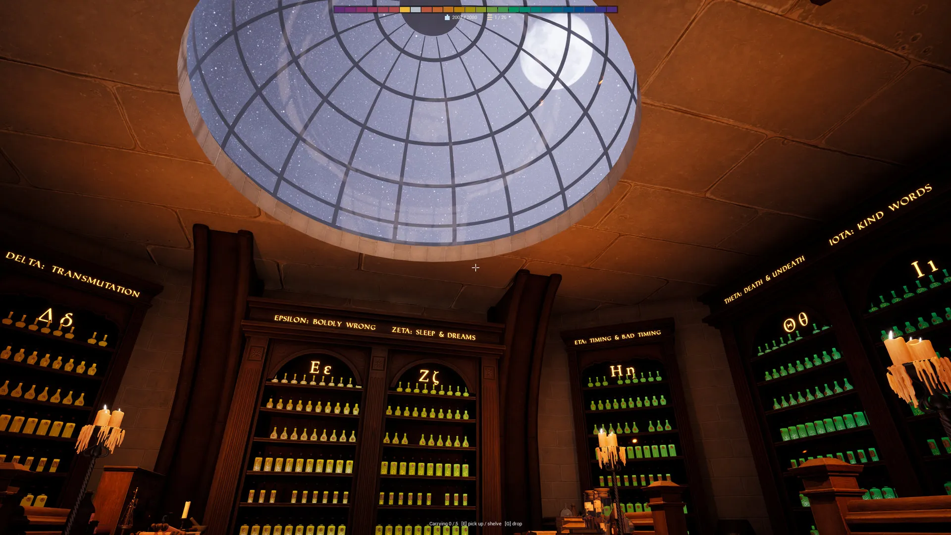 Sunlight crosses the glass dome and moves across the shelves in real time
