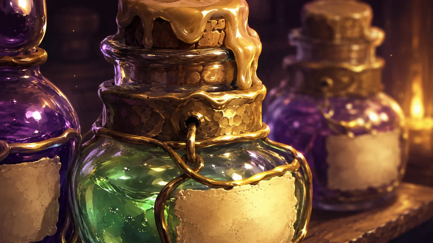 hand-lettered potion labels in a candlelit apothecary, from a tidy-up game with no AI art